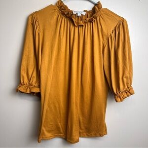 Story On Mustard Yellow Ruffle Peasant Style Blouse Size L (20” ptp) EUC